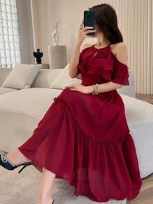 Feyla Elegant Romantic Ruffle Floral Cold-Shoulder Dress For Women - Dark Red - View 9