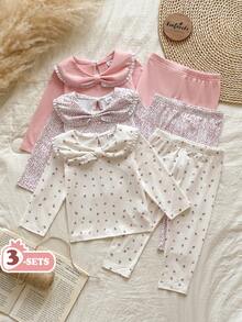 Vintaside Kids 3套女嬰甜美套裝，純色與碎花設計，蝴蝶結荷葉領長袖上衣與長褲，適合日常與戶外穿著，春秋款 - 粉色 - 查看 2