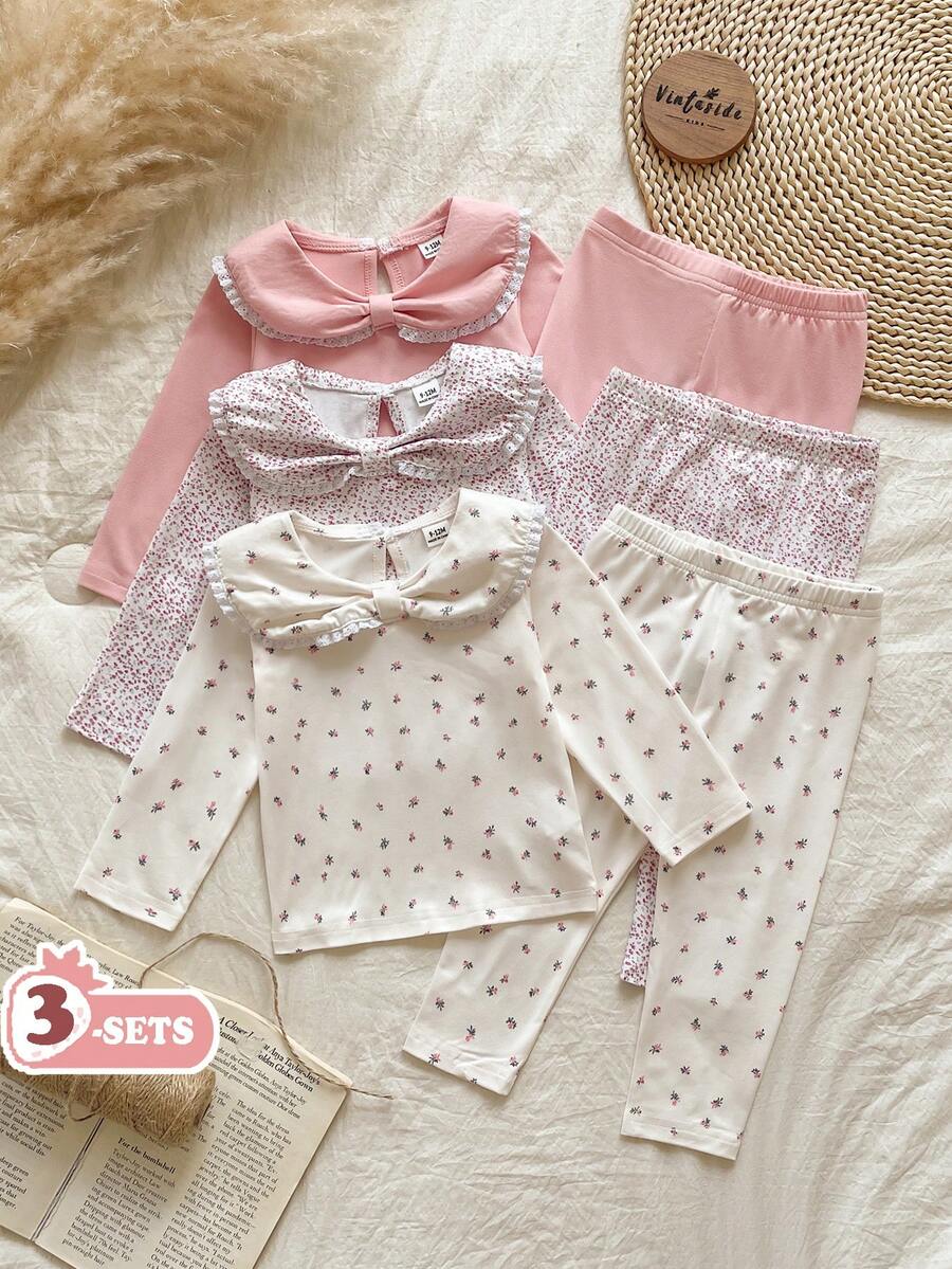 Vintaside Kids 3套女嬰甜美套裝，純色與碎花設計，蝴蝶結荷葉領長袖上衣與長褲，適合日常與戶外穿著，春秋款