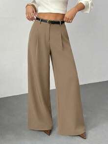 SHEIN PETITE 女士黑色纯色阔腿裤，配腰带，休闲阔腿裤，适合娇小身材 - 棕色 - 查看 3