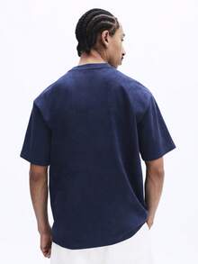 Men Navy Suede Texture Short Sleeve Crew Neck T Shirt With Small Script Logo Casual Relaxed Fit Everyday Wear Summer Spring - Blue - View 2