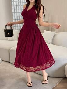Feyla Women's Elegant Lace Backless Tie-Knot Waist Dress, Suitable For Summer, Dates And Valentine's Day - Burgundy - View 6