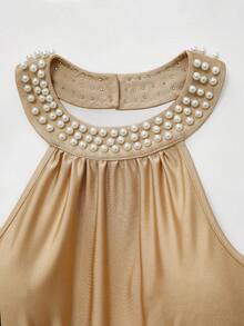 GlowEve Pearls Beaded Halter Neck Backless Dress - Apricot - View 7