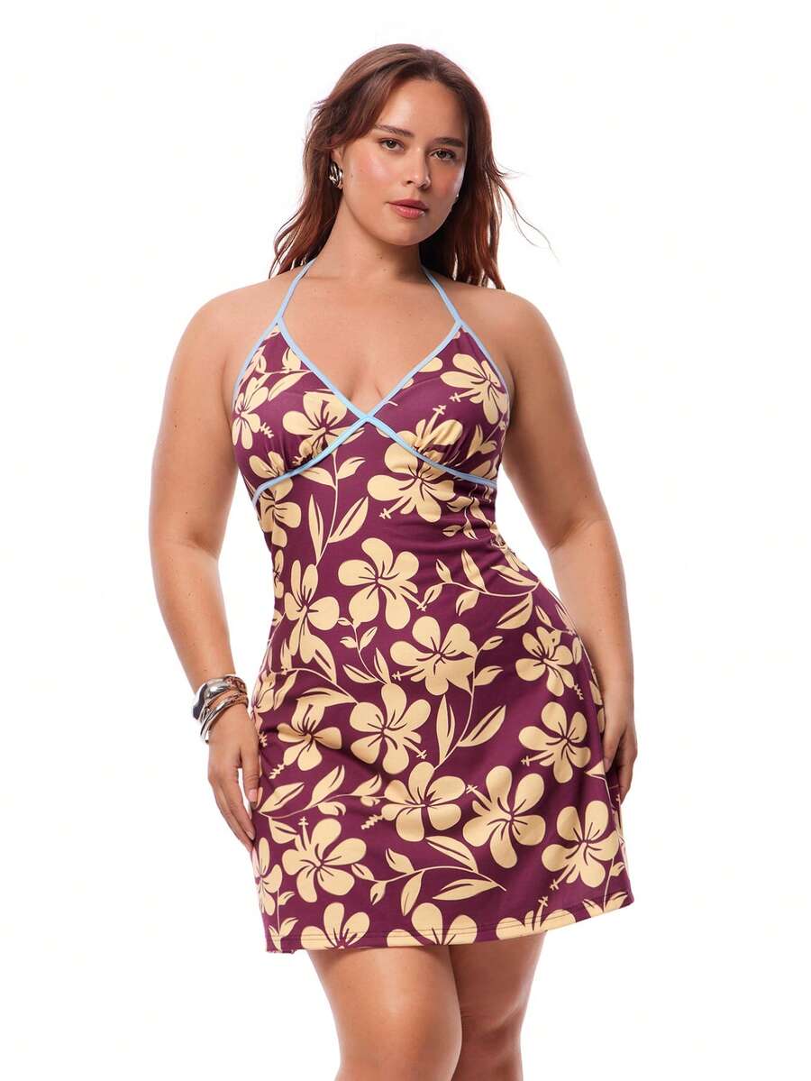 Solavibe Women's Plus Size Pink Floral Halter Neck Dress,Summer Boho Vacation Holiday Resort Wear,Slim Fit Spaghetti Strap Cami Mini Flowy Ditsy Floral Dress