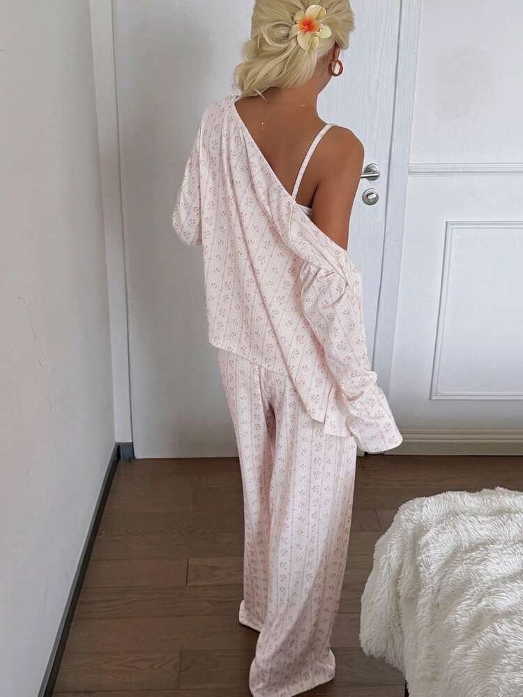 3pcs/Set Ditsy Floral Contrast Trim Women Pajama Set
