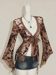 SHEIN ICON Asymmetrical Hem Flare Sleeve Retro Flocked Mesh Sheer Cardigan For Women - Brown - View 6