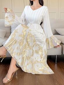 DAZY Women's Elegant Floral & Striped Patchwork V-Neck Flare Sleeve Mid-Length Dress, Spring/Summer Wedding Guest Dress Sundress - White - View 1