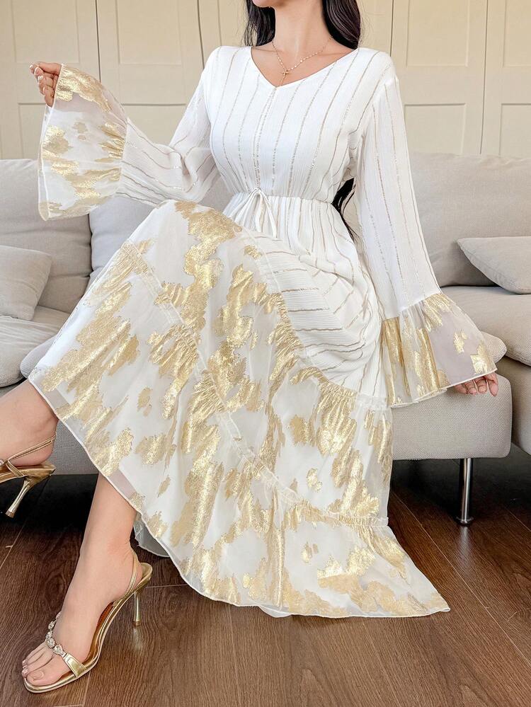 Women's Elegant Floral & Striped Patchwork V-Neck Flare Sleeve Mid-Length Dress, Spring/Summer Wedding Guest Dress Sundress
