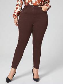 SHEIN LUNE Jeans skinny di colore tinta unita con tasche inclinate, adatti per uso quotidiano e versatili, taglie comode per donne - Castano - Visualizzare 4