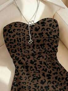 SHEIN Women's New Leopard Print Round Neck Fitted Tube Dress, Spring/Summer - Multicolor - View 3