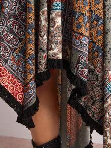 Freevana 大码女式度假波西米亚风拼接印花不对称下摆半身裙 - 彩色 - 查看 6