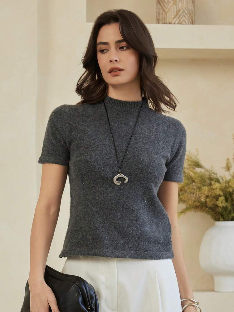 Dazy-Less Suéter de mujer de unicolor, cuello alto, ajustado, versátil, de manga corta, para uso casual y de negocios - Gris - Añade 7