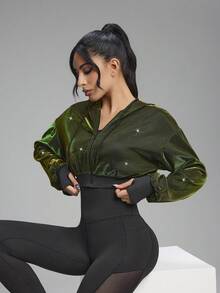 Innovista Women's Drop Shoulder Long Sleeve Zip Front Hooded Sports Jacket - Green - View 7