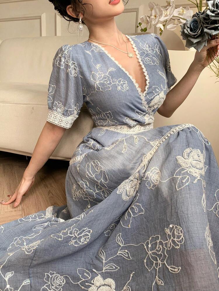 Elegant Embroidered V-Neck Lace Ditsy Floral Dress For Women Sundress