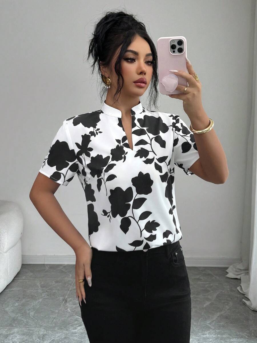 Elenzga 女士印花休闲衬衫，适合休闲、度假和通勤。 - 黑與白 - 查看 1