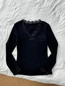 Tseoso 休闲深V领蕾丝边修身长袖T恤，适合秋冬季穿着 - 黑色 - 查看 4