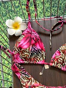 Swim Vcay New Leopard Print Halter Backless Top And Side Tie High Cut Thong Bikini 2-Piece Swimwear Set For Women, Beach Holiday - Multicolor - View 4