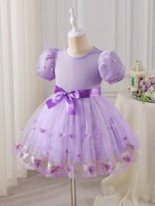 SHEIN Glamorique Kids Young Girl' Elegant Elegant Luxurious Purple Pearl Puff Sleeve Cinched Waist Gorgeous Soft Double-Layer Tulle Purple Butterfly Design Puff Dress Formal Gown Butterfly Embroidery Dress Princess Dress Rumi Hunters Girls Lavender Dresses Kids Party Dress Purple Butterfly Dress - Purple - View 3