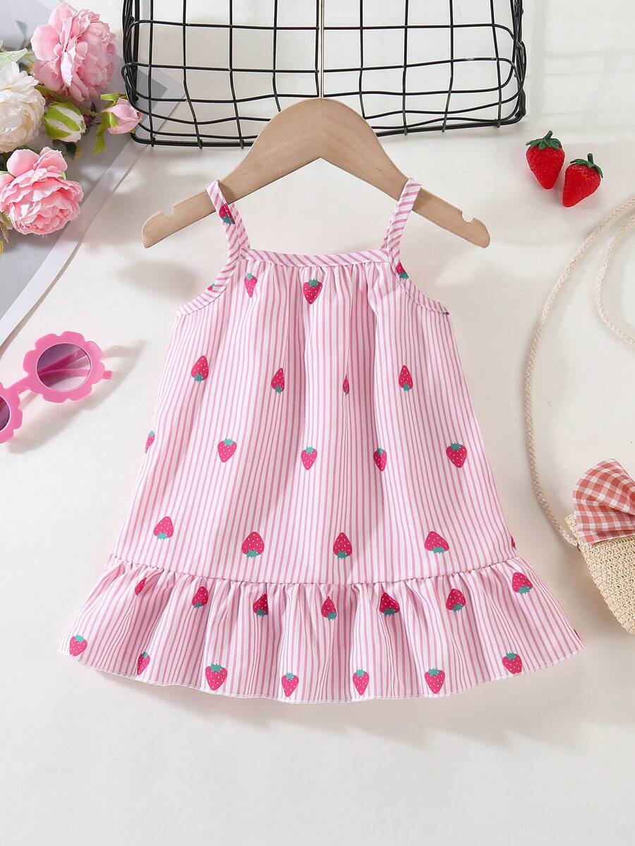 SHEIN 女婴休闲可爱彩色条纹印花梭织连衣裙,夏季韩版 - 粉色 - 查看 1