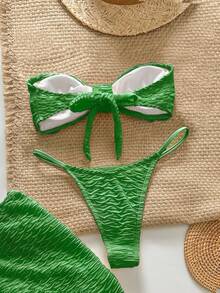 Swim Chiccia Conjunto de bikini sexy de 3 piezas con textura y diseño de estrella de mar sin tirantes - Verde - Ver 2
