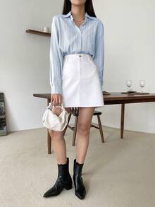 DAZY Camisa de mujer de manga larga con cuello vuelto, suelta y lisa, blusa, ropa de otoño - Azul - Ver 5