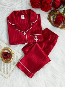 2 Stücke Mädchen Burgunderrot gestreifter Herz bestickter Langarm Cardigan und Hose, bequemer Pyjama-Set - Bordeaux - Übersicht 7