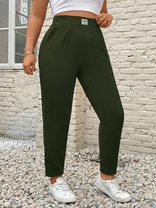 SHEIN PETITE CURVE 大码休闲高腰锥形裤 - 綠色 - 查看 5