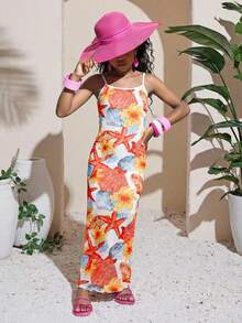 SHEIN Vestido informal de tirantes con estampado de estrellas de mar para niña preadolescente de vacaciones - Multicolor - Ver 1