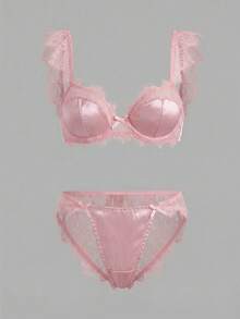 lacRébo 白色缎面蕾丝内衣套装，配有蕾丝饰边肩带和配套内裤，性感别致 - 淺粉色 - 查看 6