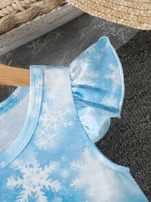 SHEIN 女婴夏季无袖卡通公主雪花印花圆领时尚公主连衣裙，适合日常外出穿着 - 藍色 - 查看 8