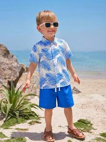 SHEIN Young Boy Vacation Beach Plant Print Shirt And Shorts 2 Pieces Set - Blue - View 4