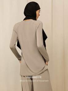 GLOWMODE X Reem Modest Tencel™ Modal All-Day Ease Silky-Soft Smooth Stretchy Lightweight Side-Split Hem Mid-Length T-Shirt Daily Casual Wear - Khaki - View 2