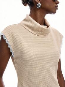 LYSMO Top minimalist nou de primăvară/vară pentru femei, cu guler înalt, model Houndstooth, cu tiv asimetric din dantelă, Ziua Îndrăgostiților - Galben - Vizualizare 6
