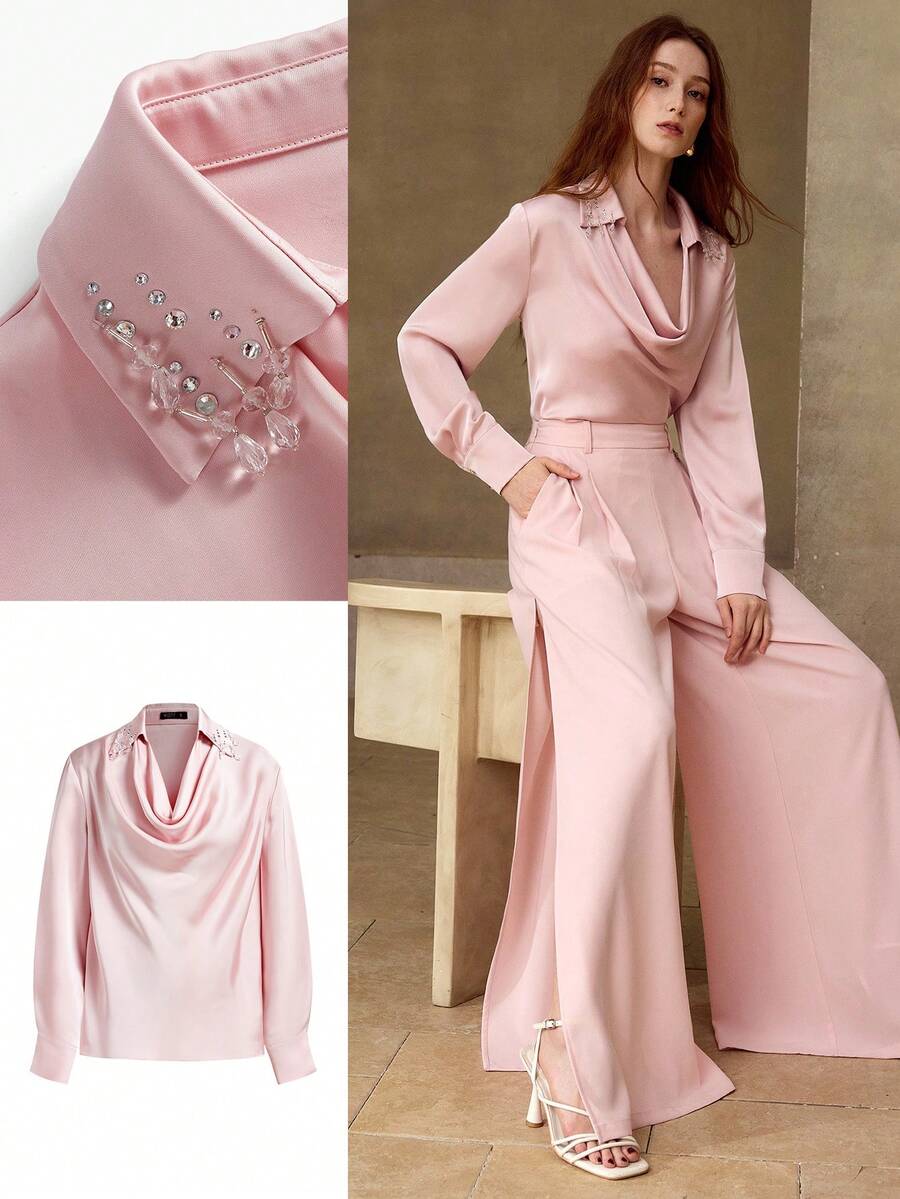 MOTF PREMIUM WOMEN'S COWL NECK RHINESTONE DETAIL BLOUSE, SPRING/SUMMER - Pink - View 1