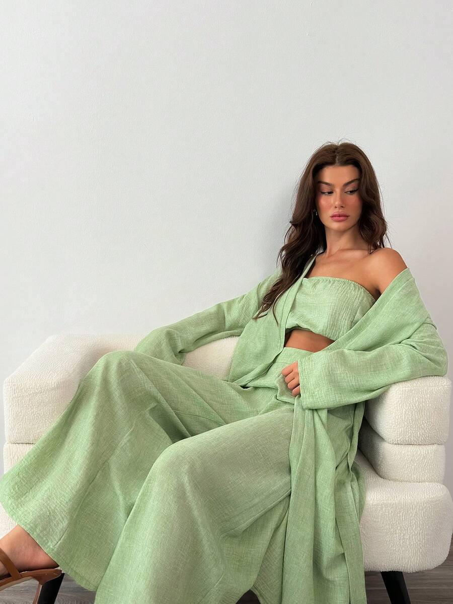 Natural Linen Textured Flowy Co-Ord Set, Relaxed Silhouette Top & Wide Leg Pants With Soft Draped Fabric Feel, Summer Look, Breathable Cotton Fabric - Lime Green - View 1