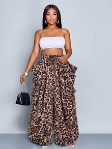 SOLERSUN Quần ống rộng dáng suông, cạp chun, họa tiết da báo, cỡ lớn, in hình báo đốm, kiểu dáng thoải mái, đa năng, thích hợp cho lễ hội âm nhạc. - màu nâu - Xem 6