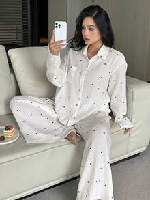 Dazy Plus Heart Print Loose Long Sleeve Top And Long Pants Pajama Set, Plus Size Women Spring/Autumn Sleepwear - White - View 3
