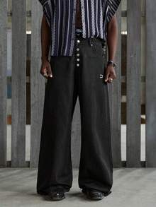 NEON BLANC Men's Solid Color Front Button Slant Pocket Casual Jeans - Black - View 1