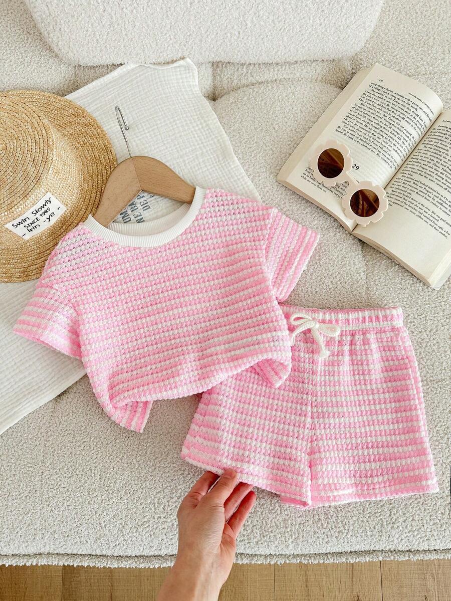LMoss Kids 2pcs Baby Girl Knitted Striped Round Neck T-Shirt And Shorts Set Summer Toddler Sets Pink Short Set Girl Short Sets Pink Two Piece Set Toddler Girl - Pink - View 1