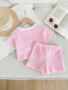 LMoss Kids 2pcs Baby Girl Knitted Striped Round Neck T-Shirt And Shorts Set Summer Toddler Sets Pink Short Set Girl Short Sets Pink Two Piece Set Toddler Girl - Pink - View 2