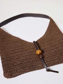 MUSERA 草编仿皮串珠手提包 可爱夏季沙滩泳装外出日常春季度假配饰 - 棕色 - 查看 3