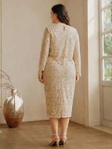 Anewsta Nuevo llegado de principios de primavera Conjunto único y de moda de cubrecuerpo de ganchillo con lentejuelas y falda midi calada, talla grande - Albaricoque - Ver 3