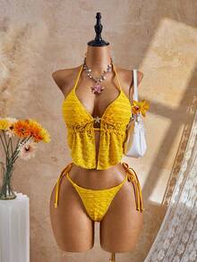 Bellisia Bộ bikini hai dây màu vàng, chất liệu vải dệt họa tiết, thích hợp cho kỳ nghỉ hè/xuân, 26SS. - Màu vàng - Xem 2