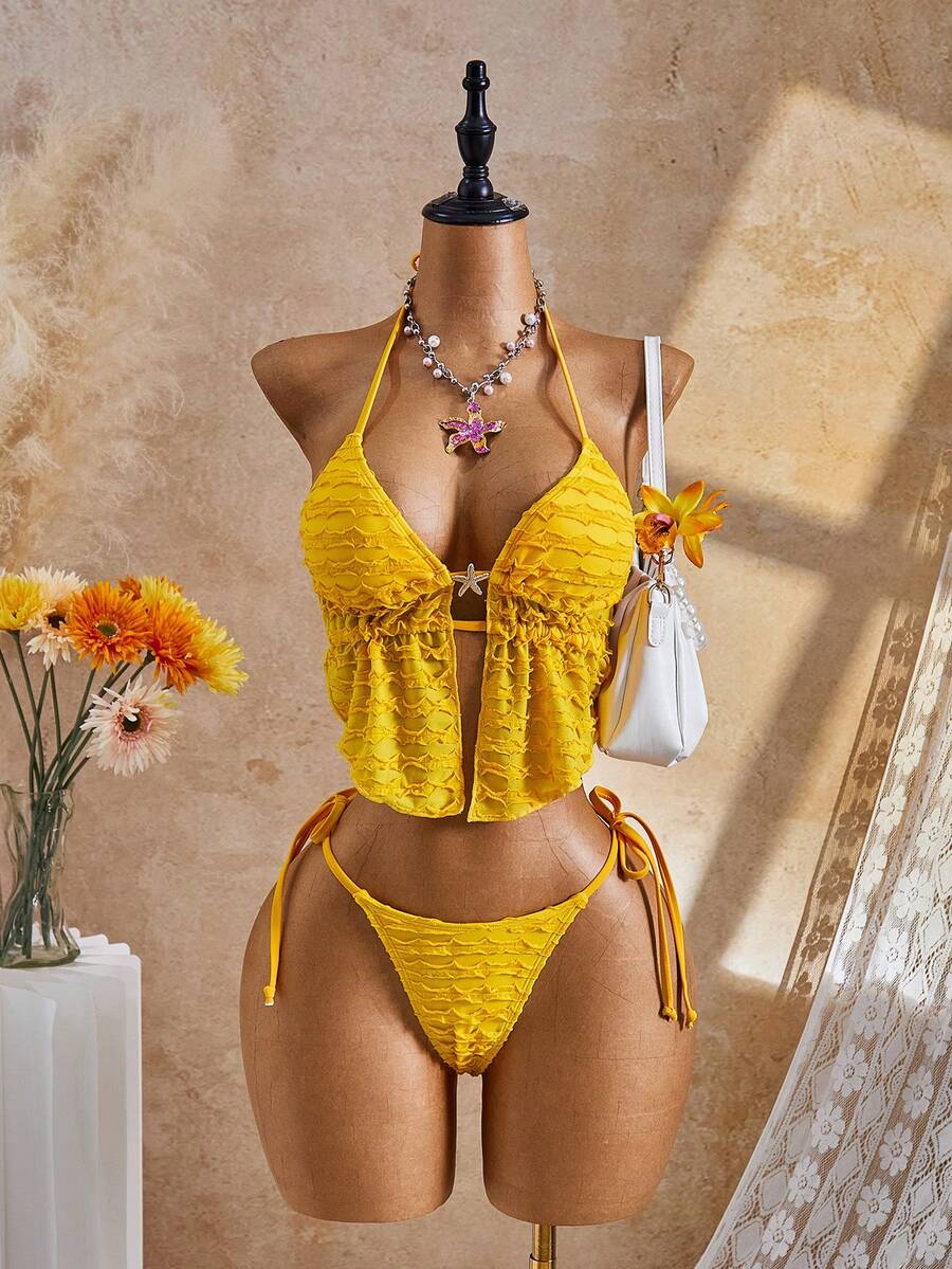 Bellisia Bộ bikini hai dây màu vàng, chất liệu vải dệt họa tiết, thích hợp cho kỳ nghỉ hè/xuân, 26SS.
