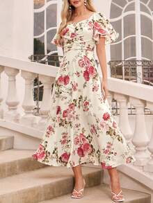 Amorya 女士方领荷叶袖杏粉色印花修身A字优雅长裙，适合春夏日常穿着、度假、婚礼、派对等场合。 - 彩色 - 查看 7