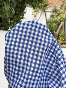 SHEIN Summer Outfits Blue Plaid Bohemian Style Jumpsuit With Puff Sleeves For Pregnant Women On Vacation Maternity Plaid Tie Front Puff Sleeve Casual Jumpsuit - Blue - View 5