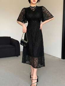 DAZY Elegant Women's Dress, French Retro Hollow Embroidery Waist Cinched Lace Dress Summer - Black - View 3