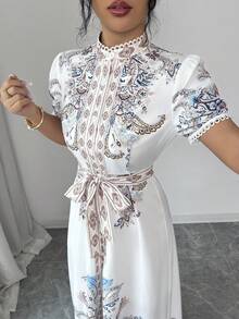 Selianne Vestido de mujer estilo palacio, vestido largo con estampado y cintura anudada con mangas francesas abullonadas, vestido elegante para mujer - Blanco - Ver 7