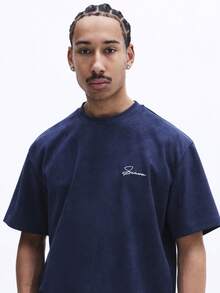 Men Navy Suede Texture Short Sleeve Crew Neck T Shirt With Small Script Logo Casual Relaxed Fit Everyday Wear Summer Spring - Blue - View 5