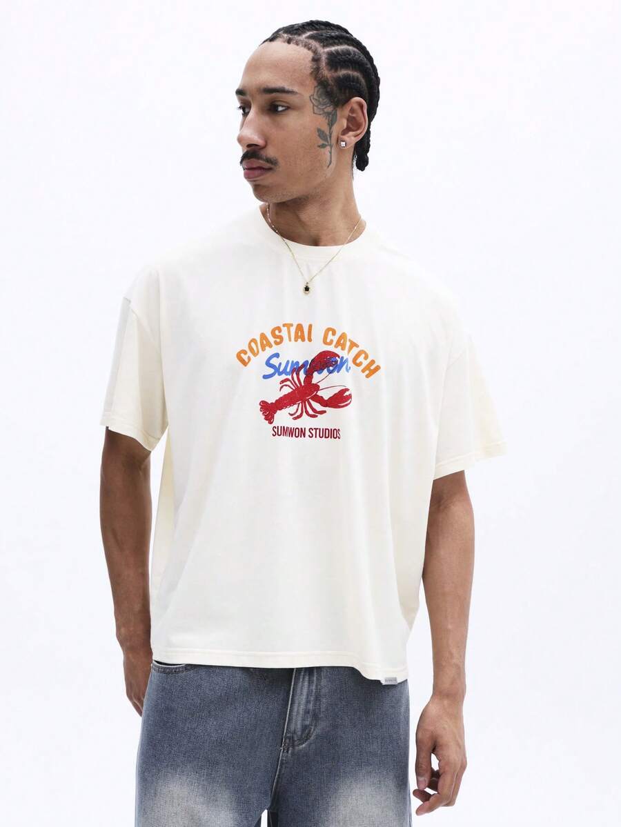 SUMWON Boxy Fit Coastal Catch Lobster Graphic Print Short Sleeve Crew Neck T Shirt With Mixed Text Design Summer Beach Style - Apricot - View 1